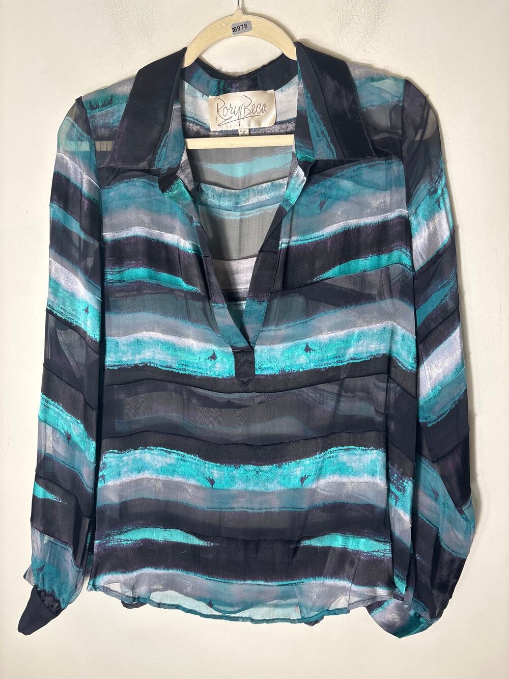 Rory Beca Teal and Black Brush Stroke Sher Blouse Sz L